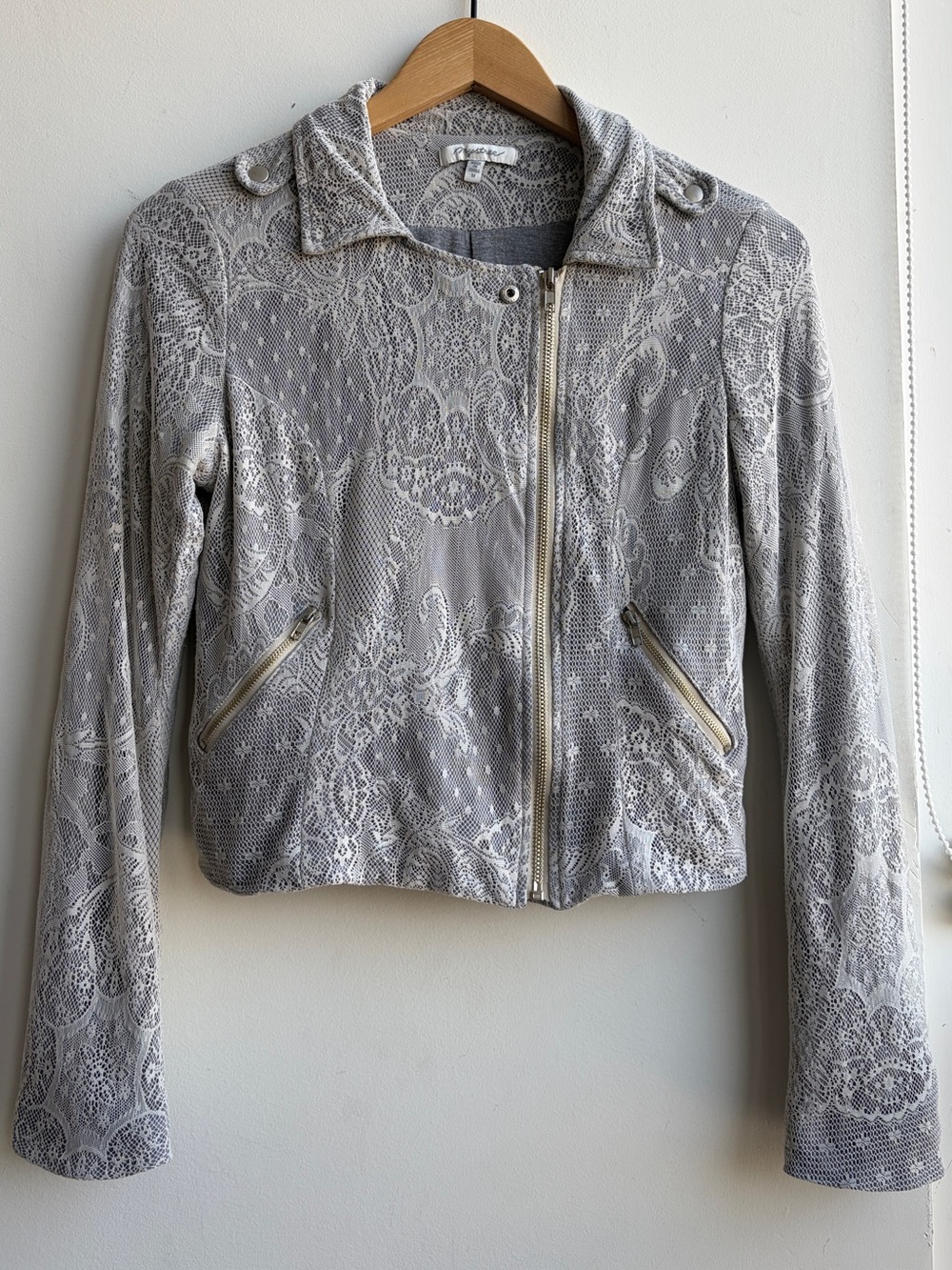 Y2K Mystree Light Gray Lace Overlay Zip Up Jacket - Women M / S